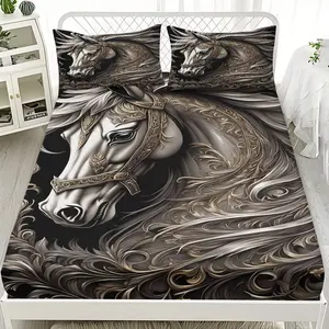 2/3pcs Splendid Horse Background Series Fitted Sheet Set, Suitable For Bedrooms, Hotels, Dormitories And Other Places, Machine Washable (1 Fitted Sheet + 1/2 Pillowcase, No Core)