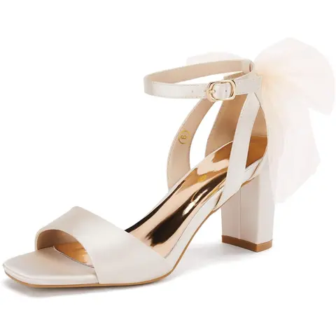 Coutgo Women's Bow Tie Heeled Sandals Chunky Heels One Strap Satin Ankle Buckle Dress Wedding Shoes