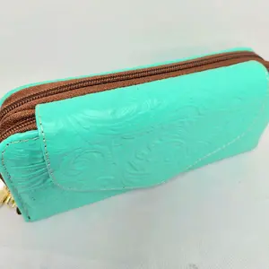 Leather Wallet  Double Zipper and Embossed Design