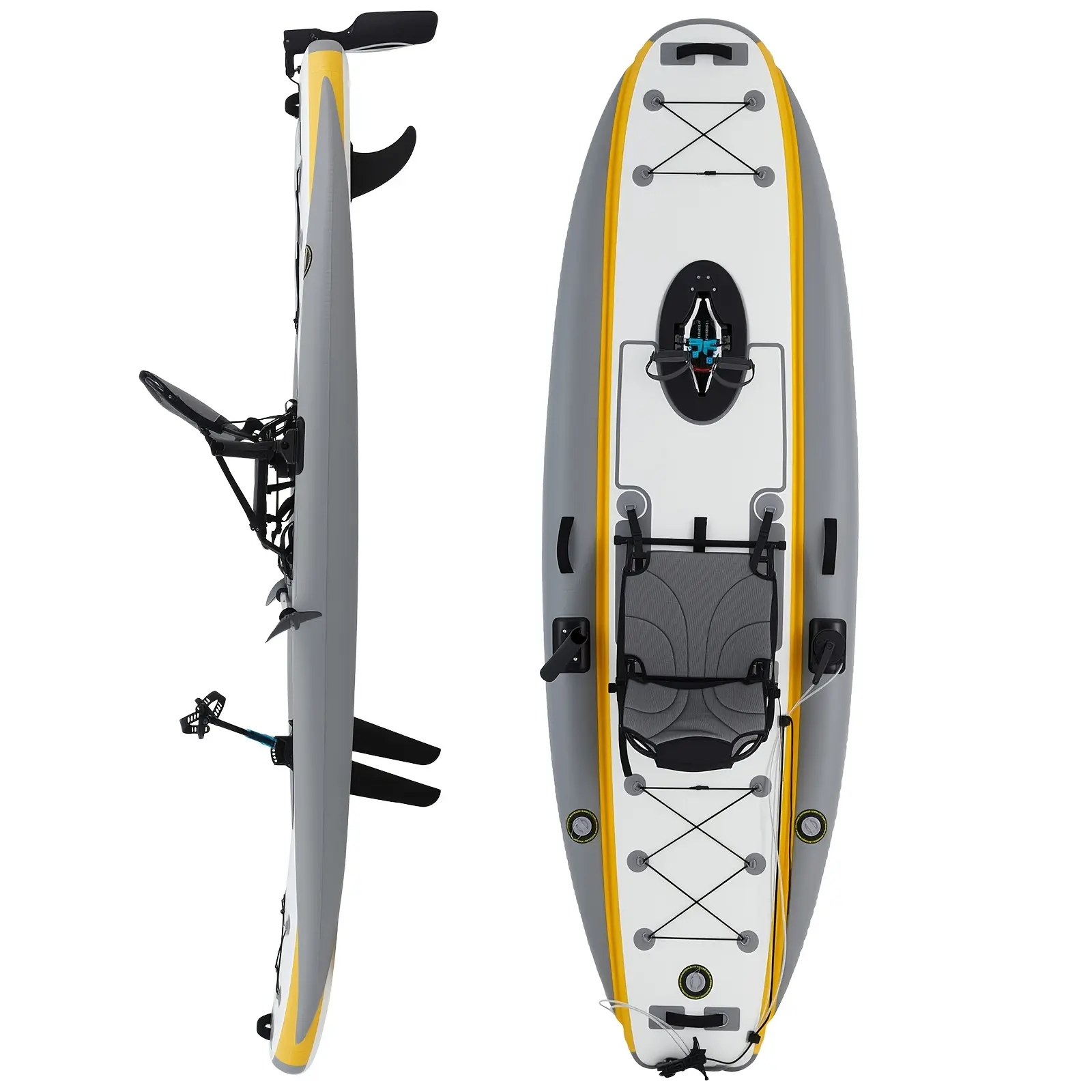 12FT Inflatable Fishing Hybrid with Pedal System, PVC Hybrid, Aluminum Seat, Rudder System, And Additions Included, Yellow