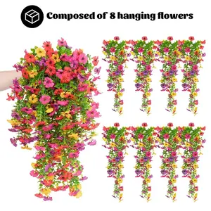 Artificial Fake Flowers Plants for Outdoor Spring Summer Decoration,4 PCS Faux Silk Morning Glory with Eucalyptus Leaves,UV Resistant Realistic Outdoor Flowers for Balcony Porch Patio Yard Garden Centerpieces
