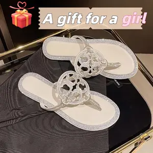 Women's Diamond Flip Flops - Fashionable Casual Comfortable Flat Sandals for Home & Outdoor Wear - Solid Color Lightweight Breathable Summer Walking Shoes Footwear for Girls Daily Use