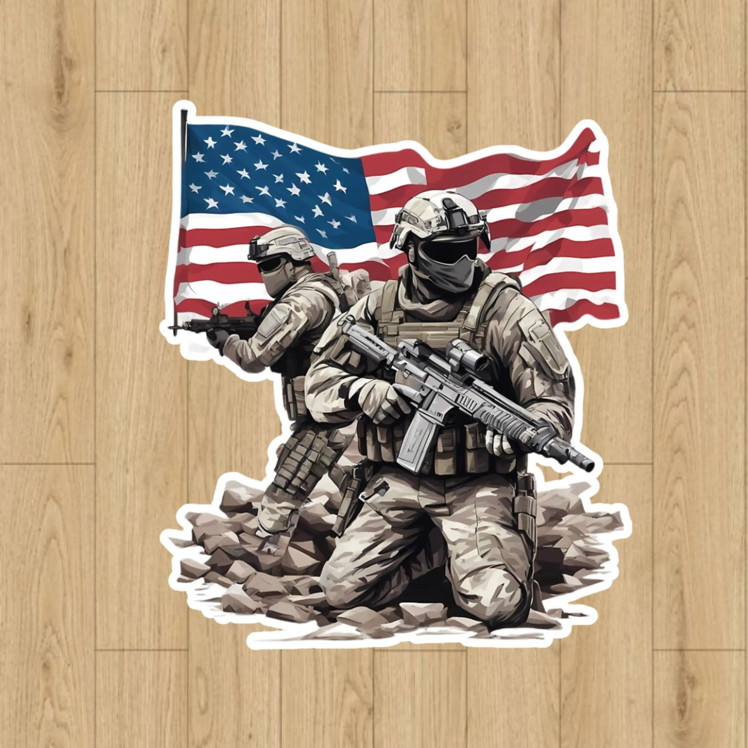 American Soldiers with Flag Sticker | Patriotic US Army Tactical Decal | Military Troops Warrior Art