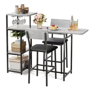 Expandable 3-Piece Dining Table Set for 2, Space-Saving Bar Table with Chairs, Built-in Storage Shelves and Wine Rack, Ideal for Small Kitchens Living Rooms Apartments