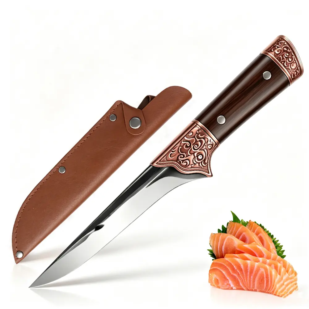 6-Inch High Carbon Stainless Steel Butchery Knives, Sharp Meat Boning Knife with Leather Sheath, Engraved Copper Accent for Kitchen, Campfire/BBQ Party, Outdoor Essentials