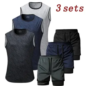 Set of 3 sports outfits: sleeveless tank top and double-layer shorts. The shorts feature a double-layer design with mesh for breathability and a snug fit, suitable for outdoor running, workouts, and gym training.#SummerVibes Athletic Wear Breathable Track