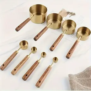 Set of 8 Measuring Cups and Spoons, Golden Color Stainless Steel, Wooden Handle Design, Ideal for Kitchen Measuring Utensils