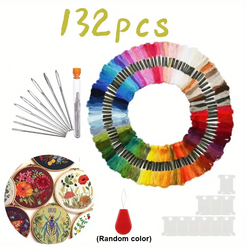 112 pieces of handmade embroidery thread, equipped with 9 pcs needles, 10 pcs winding plates, and 1 pcs threading tool (random color), suitable for DIY sewing, bracelet weaving, and embroidery craft production