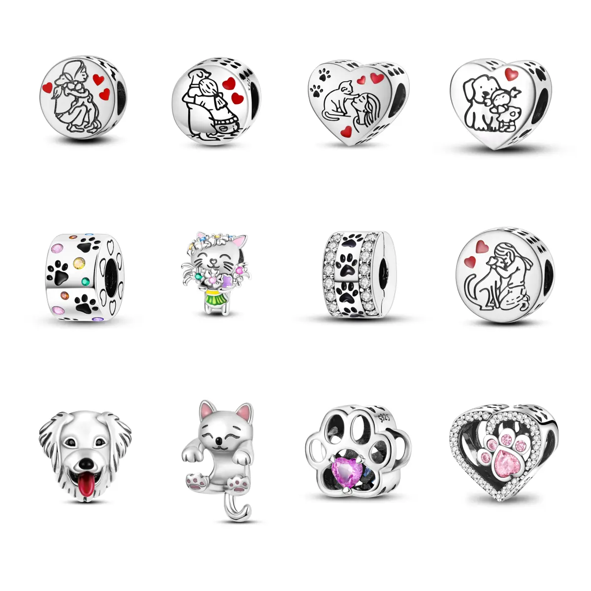 MULA Cat and Dog Cute Beads - 925 Silver-plated Pet Beads, Cat and Dog Bracelet Beads for Women, Zircon Inlaid Pet Theme Jewelry, Perfect Gift for Pet Lovers, Women Fashion Beads Fit All Pandora Bracelets and Necklaces