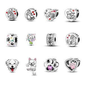 MULA Cat and Dog Cute Beads - 925 Sterling Silver Pet Beads, Cat and Dog Bracelet Beads for Women, Zircon Inlaid Pet Theme Jewelry, Perfect Gift for Pet Lovers, Women Fashion Beads Fit All Pandora Bracelets and Necklaces
