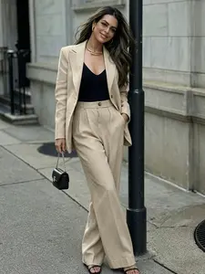 Two piece set of women's Korean style commuting Work Office Suit with a single breasted, Fitted and flip collar, fashionable and stylish commuting wide leg pants, suitable for all seasons, vacations, indoor and outdoor wear