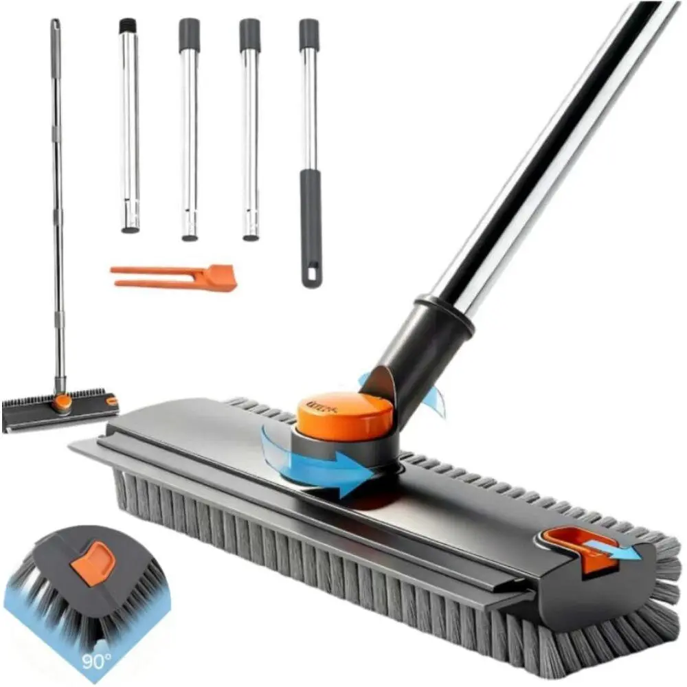 360 Spin 3-in-1 Long Handle Floor Scrub Brush, Telescopic Stainless Steel Rod, Dense Stiff Bristles Silicone Wiper, Multi Surface Wash Tool for Tile Basement Bathroom Balcony Home Cleaning Supply Grey-Orange