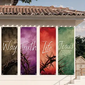 Easter Church Banner Set, 2D Flat Banners 4pcs, Bible Verse Wall Hanging Background, Christian Gathering Praise Sign, No Power Needed