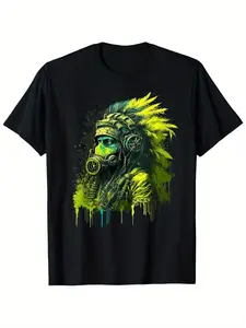Men's Retro Native American Gas Protective Mask Pattern T-shirt-Black with Yellow and Green Tribal Art, Short Sleeve Regular Edition, All Season Comfortable Outdoor and Beach Casua, office commute, Thanksgiving, Halloween, for couples