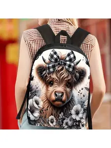 1 Highland Cow cartoon backpack with large capacity, adjustable shoulder straps, durable and lightweight design, featuring flower and checkered bow patterns, perfect for school, work, travel, and gifts. Cute backpack, backpack, playful design,