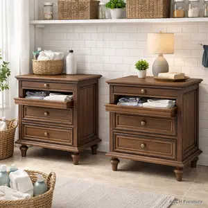 Farmhouse 4-Drawer Wood Nightstand Sets of 2, Walnut Brown Indoor Storage End Tables with Hidden Pull-Out Shelf, 4 Solid Wood Legs, Metal Handles and Easy Assembly Modern Wood Dresser