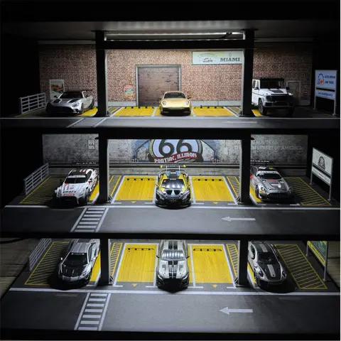 1:64 Scale Alloy Metal Diecast Scale Model Car Parking Lot Diorama - 4-Level Steel Frame, 4-Level Depth, Adjustable Design, Bulb, Dustproof Display Cabinet for Home & Office Decoration, Ideal for Collectors and Enthusiasts of Model & Toy Vehicles