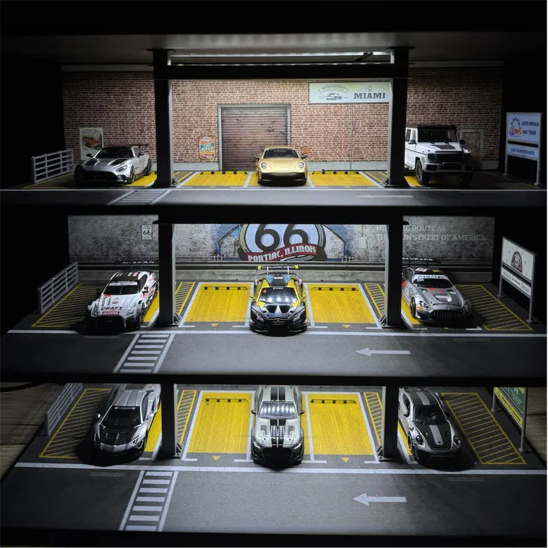 1:64 Scale Alloy Metal Diecast Scale Model Car Parking Lot Diorama - 4-Level Steel Frame, 4-Level Depth, Adjustable Design, Bulb, Dustproof Display Cabinet for Home & Office Decoration, Ideal for Collectors and Enthusiasts of Model & Toy Vehicles