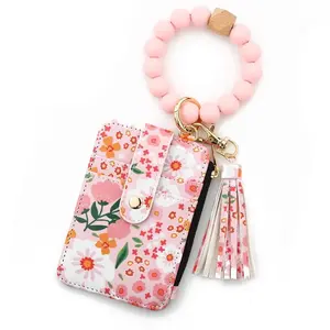 Fragmented Design Silicone Bead Bracelet Keychain Boho Style Flower Pattern Wristlet Wallet Keychain Beaded Detail Pu Leather