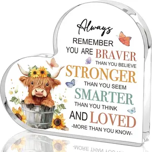 Inspirational Highland Cow Acrylic heart plaque Decorations Gifts for Women, Encouragement Gift for Friends Bestie Sisters Coworkers Daughter Birthday Christmas, Motivational Office Home Acrylic Desk Decor Signs Plaque