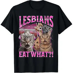 "100% Cotton 'Lesbians Eat What?!’ Funny Cat LGBTQ+ Pride T-Shirt – Hilarious Pun Graphic Tee for Men & Women, Rainbow Humor Shirt, Casual Unisex Top for Pride Month, LGBTQ+ Support Shirt, Comfortable Cotton Casual Wear, Perfect Gift for Meme Lovers"