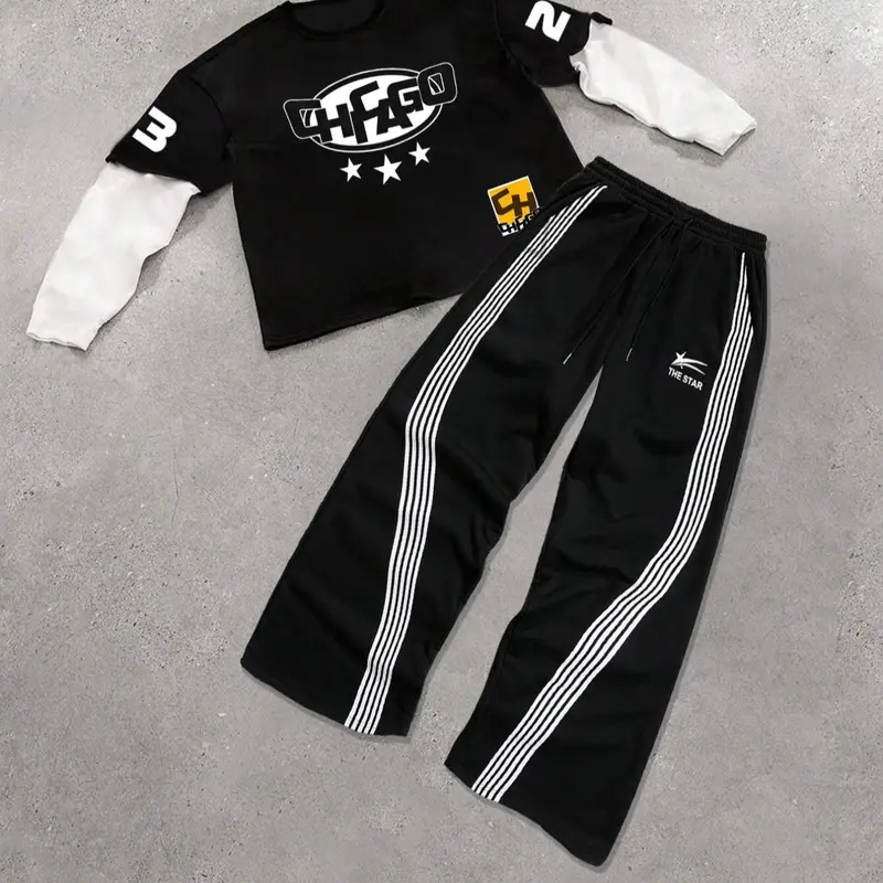 Men's Letter & Star Print 2 in 1 Tee & Drawstring Waist Sweatpants Set, Regular Fit Round Neck Long Sleeve Top & Pocket Jogger Pants, Casual Fashion Cozy Breathable Men Two-piece Outfits for Spring & Fall