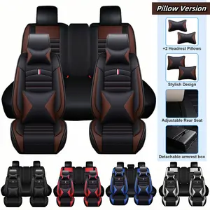 Car Seat Cover Full Set with/without 2 Head Pillows & 2 Waist Pillows, Universal For Car SUV Sedan, Premium Napa Leather 5 Seat Front Rear Protector Mat Cushion Pad, Full Surround Design with Storage Bag, Waterproof Breathable Durable and Non Slip Design