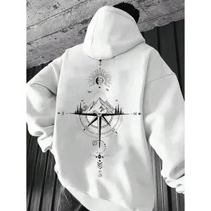 Men's Landscape Print Drop Shoulder Thermal Lined Hoodie, Fashion Casual Regular Fit Drawstring Pocket Hooded Sweatshirt for Daily Holiday Outdoor Wear, Men Clothes for Fall & Winter