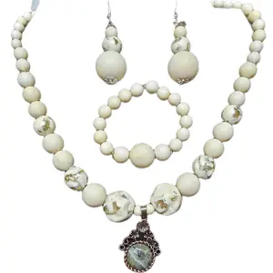 Bespoke Beaded Necklace Set with White Beads and Unique Pendant Design Jewelry Set