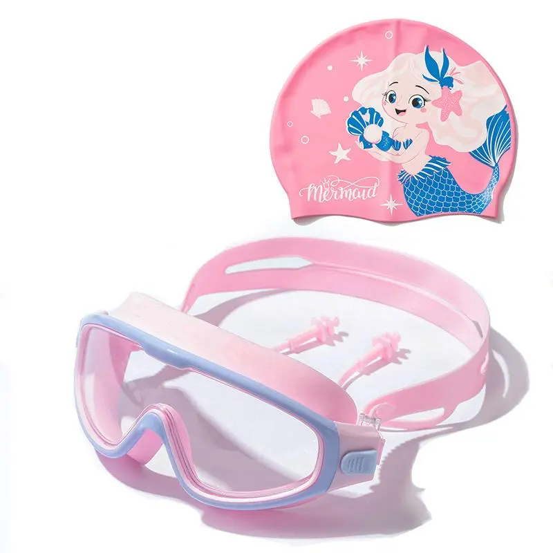 Mermaid Design Kids Swimming Goggles and Swimming Cap (2 Counts/set), Waterproof Anti-fog Leak- Proof HD Swimming Goggles, Leakproof Swimming Glasses, Toddler Goggles, Swimming Accessories for Pool Beach