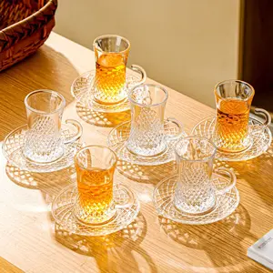 Set of 6 Turkish Tea Glasses With Handle, Slim Waist Design and Thick Sole Prevent Tea from Getting Cold, 4.2 oz Small Clear Teacup Set Glass Coffee Cups for Espresso Coffee, Hot Chocolate