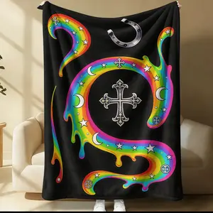 Rainbow Dripping Cross & Horseshoe Flannel Blanket, Cross & Horseshoe Lucky Symbol Pattern, Multi-Use Blanket, Suitable for Bedrooms & Living Rooms & Dormitories, All-Seasons Use