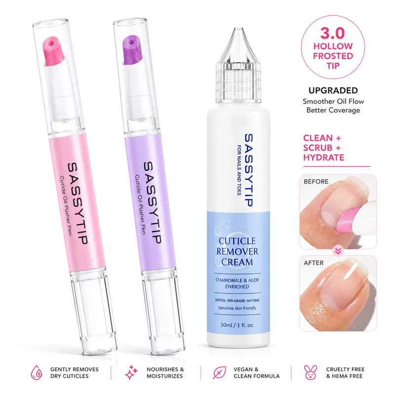 SASSYTIP Pro Vegan Version 3.0 Cuticle Care Kit - Cruelty-Free Nail Care Product, Remover Tool, Jojoba Oil for Better Flow, Ceramic Material Nail Supplies, Nourish for Manicure Prep, Pedicure Compatible
