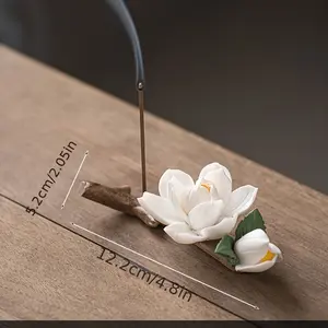 Handmade Ceramic Lotus Flower Incense Burner Zen Aroma Decor for Home Office Battery-Free Tabletop White Artificial Flower Summer Serene Ambiance Scented Perfume Fragrance