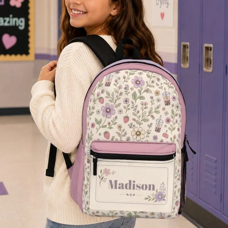 Boba Tea Floral Personalized Backpack | Custom Name School Bookbag | Back to School Gift for Elementary and Tween Girls Backpack
