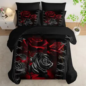 Black and Red Rose Comforter Set Queen,Flower Bed in a Ba,Soft Comforter & Fitted Sheet with Flat Sheet & 2 Pillowcases,2 Pillow Shams for Bedroom