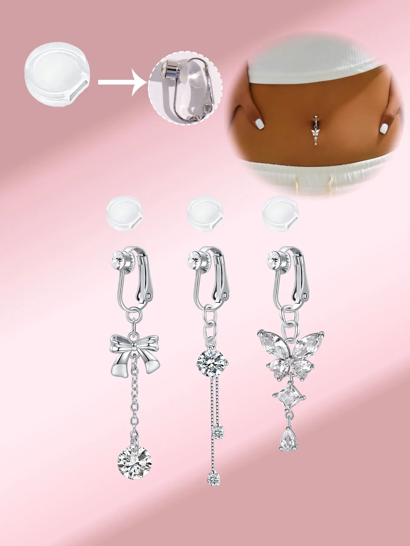 Non-Piercing Cz Embellishment Fake Belly Rings with Butterfly Clip On, Elegant Party Accessory with Silicone Padding, Fake Belly Piercing, Belly Button Jewelry, Chic Body Jewelry