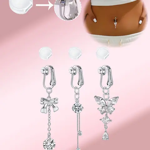 Non-Piercing Cz Embellishment Fake Belly Rings with Butterfly Clip On, Elegant Party Accessory with Silicone Padding, Fake Belly Piercing, Belly Button Jewelry, Chic Body Jewelry, Navel Rings Set