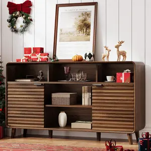 【Valentine's Day gift】ONBRILL 58 Inch Curved Sideboard Buffet Cabinet w/2 Wave Doors and Open Storage Spaces, Angled Side Frame, Sideboard Storage with Adjustable Shelves, Coffee Bar Cabinet for Dining Room, Living Room