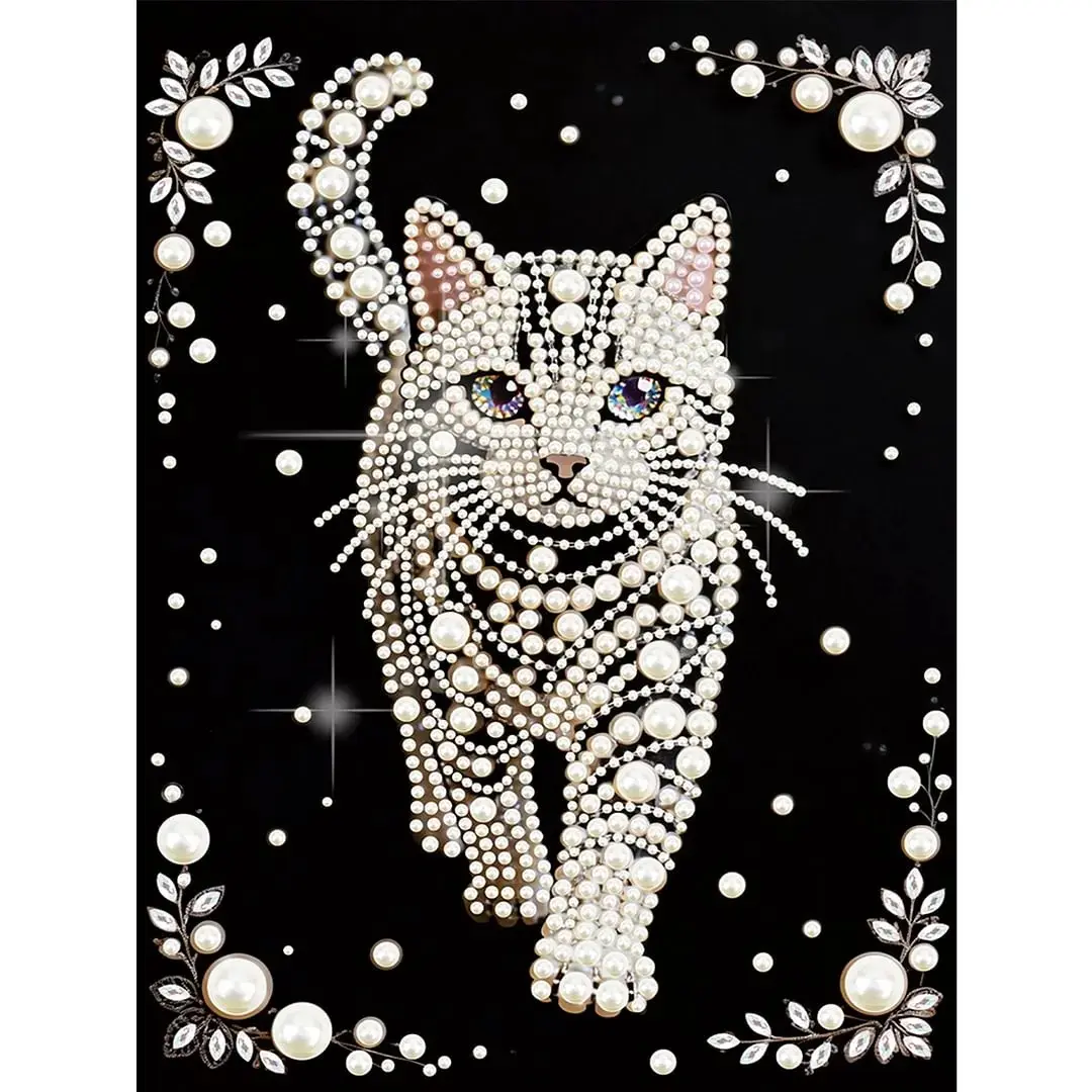 Pearl Cat Pattern Diamond Painting Kit (adult Version), Colorful Round Half Pearl Rhinestones, Handmade Canvas Art, Home Wall Decor, Artwork, Crafts