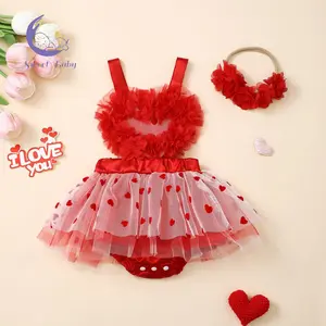 Baby Girls Sleeveless Heart Print Tulle Romper Dress with Headband, Cute Dress, Toddler Outfit, Baby Clothing