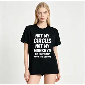 Plus Size Women's Funny "Not My Circus Not My Monkeys" Slogan T-Shirt - Vibrant Pink Bold Lettering, Stretchy Summer Casual Tee with Clown Enthusiast Design, Machine Washable Crew Neck Short Sleeve Top