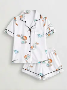 Easter Women's Sleepwear Set, Pajama Set, Rabbit Egg Pattern, Short Sleeve Button-Up Top, Elastic Shorts, Casual Home Wear, Loungewear, All Seasons