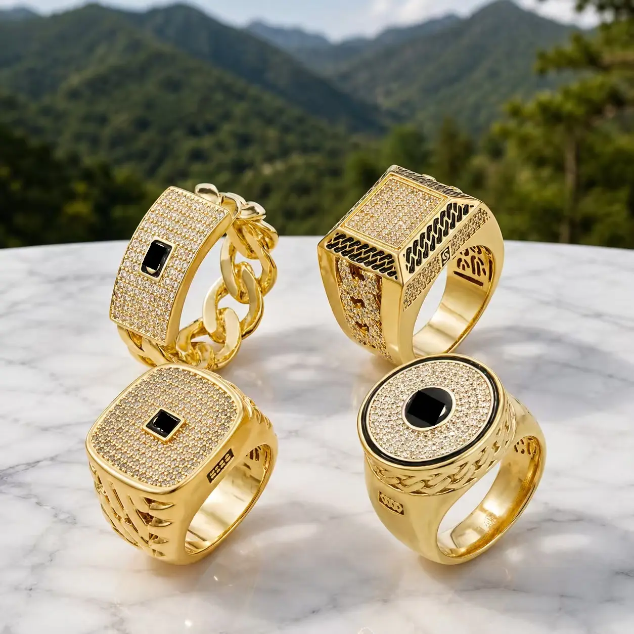 14K Gold Plated Iced Out S Letter Signet Ring for Men, CZ Pave Diamond Black Stone Hip Hop Statement Ring, Cuban Chain Band Jewelry, US Size 7-12