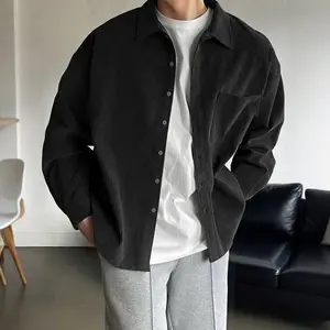 Men's Black Loose Korean-Style Polyester Corduroy Shirt, Trendy Handsome High-Sense Spring-Autumn Shirt Coat, Polyester Clothing