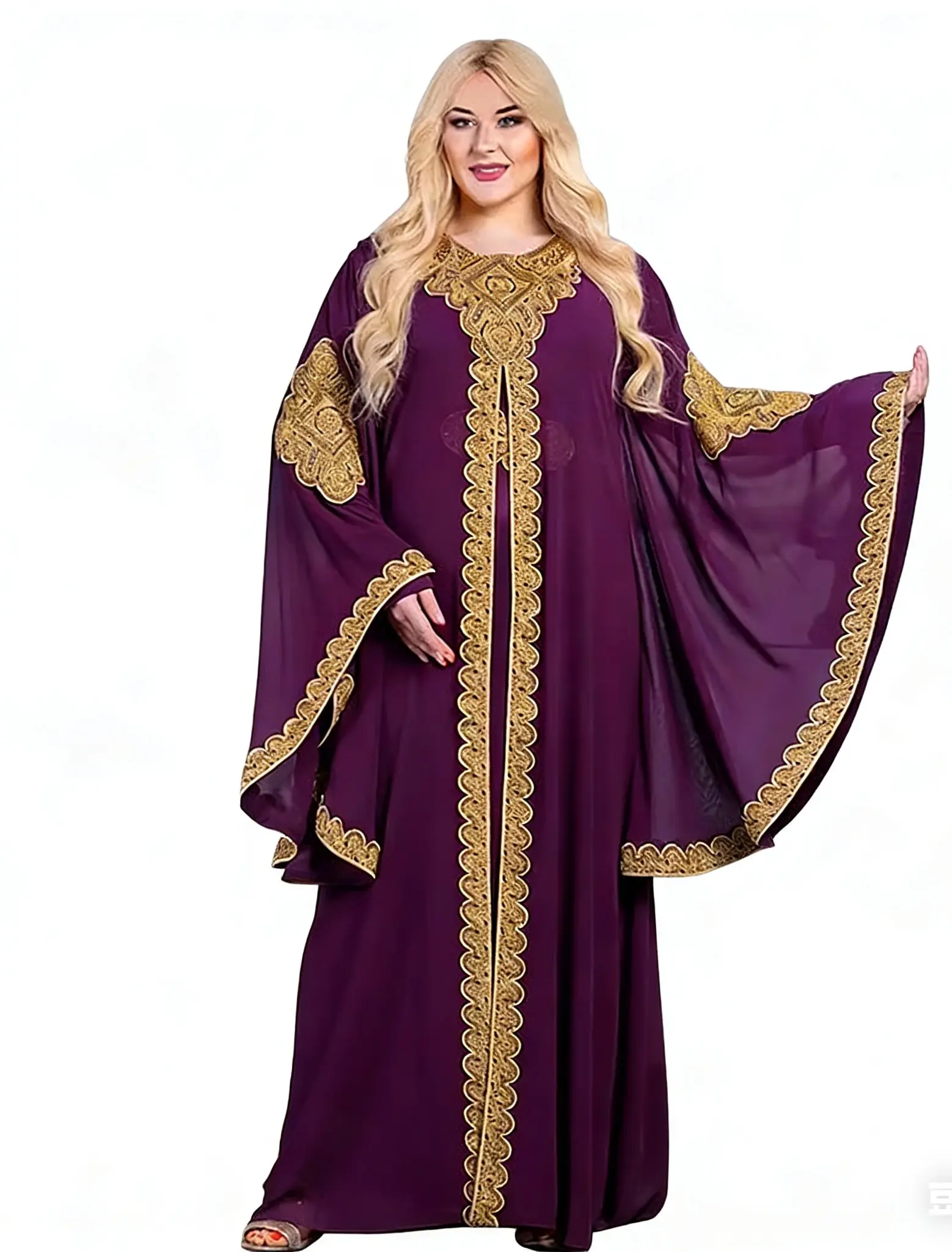 Women's Modesty Abaya Kaftan Dress - Traditional Arabic Maxi Robe, European-American Style, Middle Eastern Malay Bell-Sleeve Embroidered Long Dress with Gold Trim, Casual Outfits (Multiple Colors), Maxi Dress