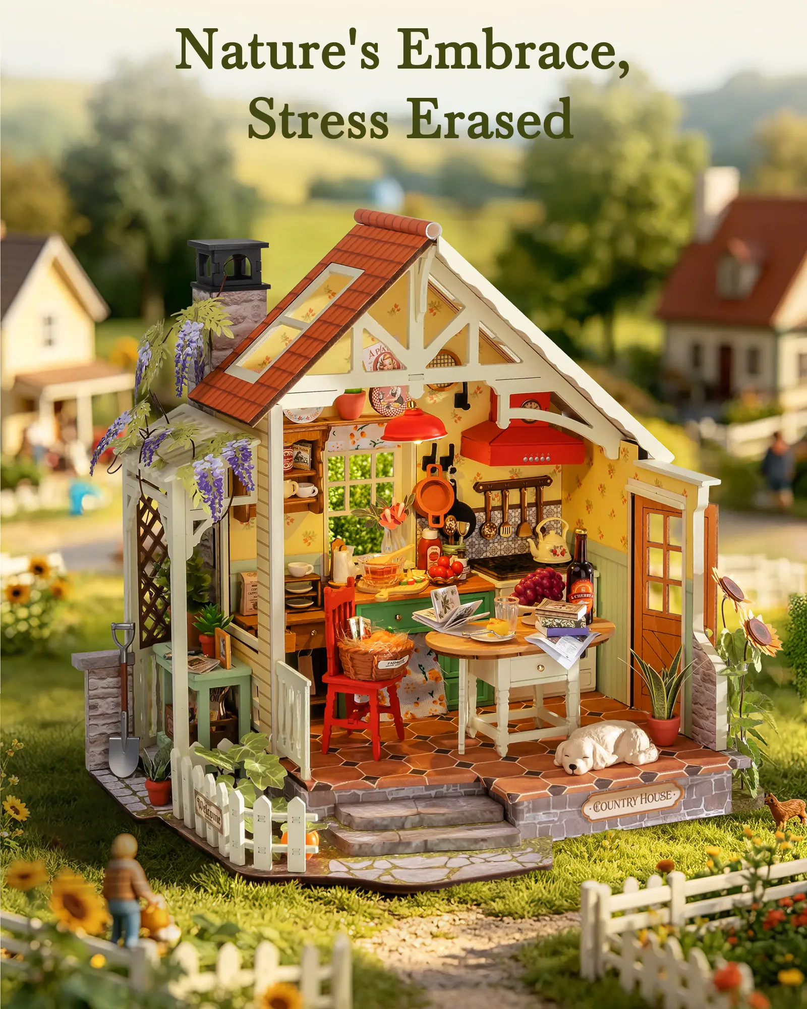 Rolife Sunlit Farmhouse Kitchen DIY Miniature House Kit , Cottage Core Wooden Dollhouse Craft Kits for Adults, Stress Relieving Tiny House for Slow Living Lovers
