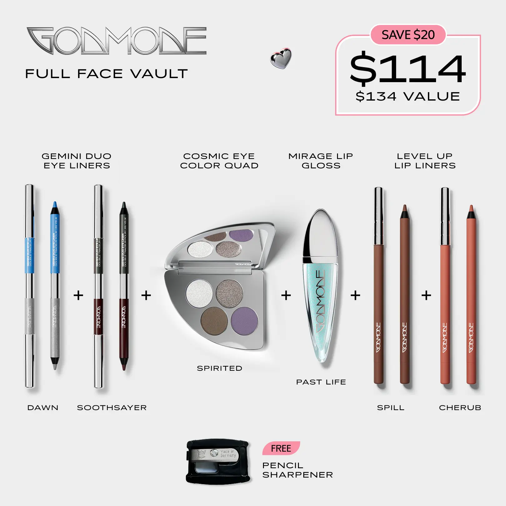 GODMODE Full Face Cosmetic Set - Matte & Duo Chrome Eyeshadow, 24hr Wear 2-in-1 Precision Eyeliner, Hydrating Plumping Lipgloss, Perfect Nude Lipliner