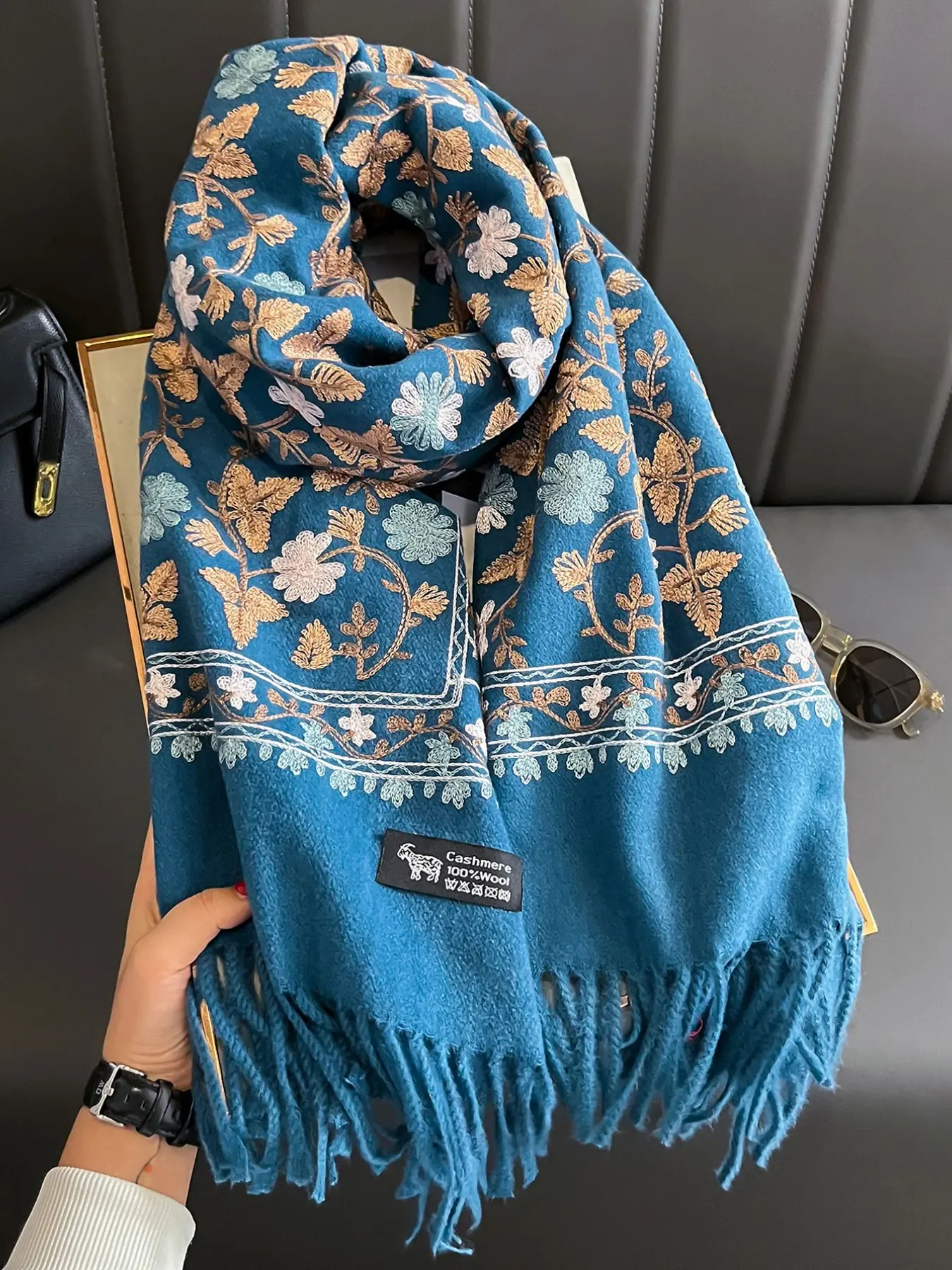 Women's Autumn Winter Wool Embroidered Scarf, Elegant Plant Print Shawl, Boho Style Shawl, Warm Fitted Wrap for Daily Commute, Fall & Winter Season, Floral Embroidered Scarf, Embroidery Shawl