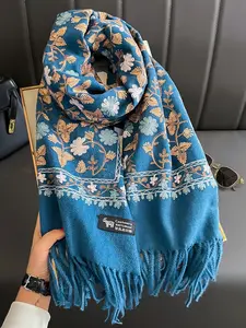Women's Autumn Winter Wool Embroidered Scarf, Elegant Plant Print Shawl, Warm Fitted Wrap for Daily Commute, Fall & Winter Season, Floral Embroidered Scarf, Embroidery Shawl